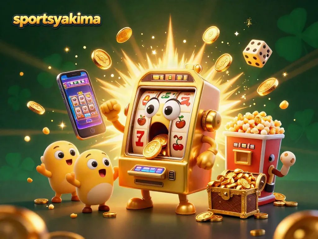 Watch sportsyakima's thrilling golden slot machine celebrating a jackpot win amidst an explosion of coins and excitement.