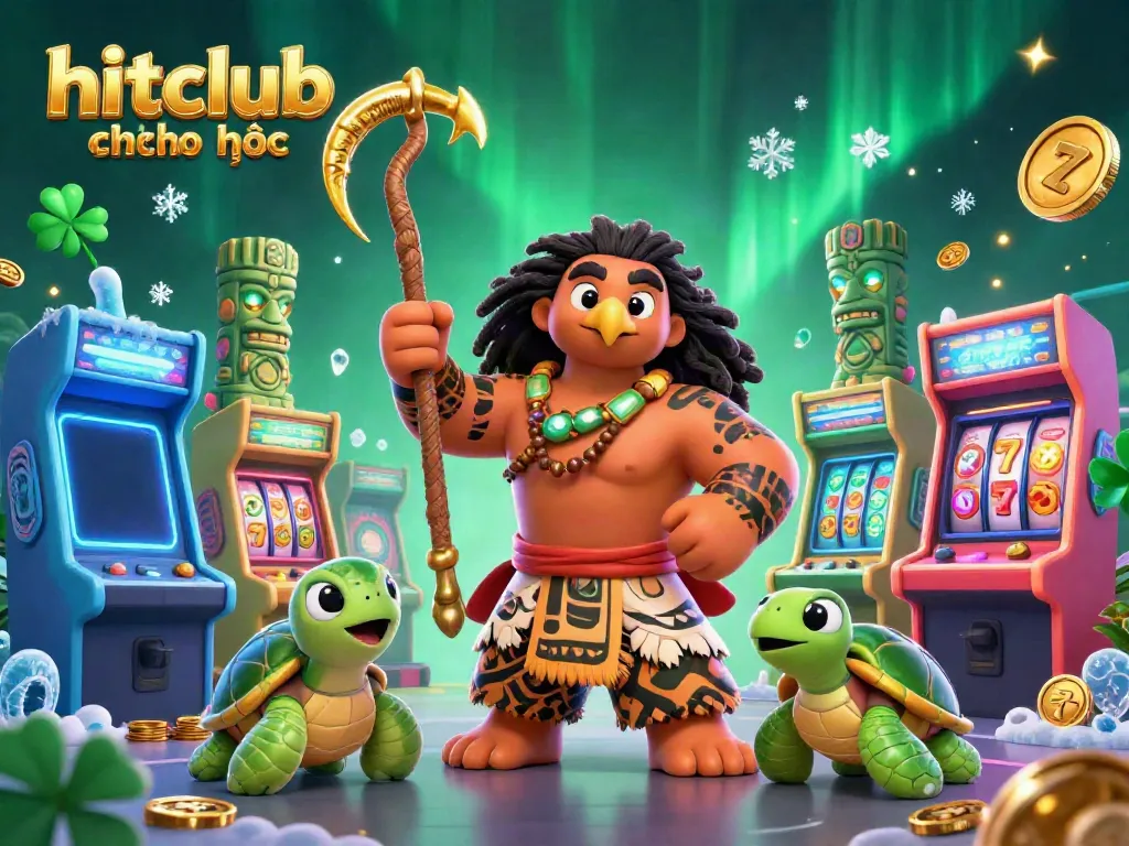 Experience the thrill of hitclub chính thức with dynamic gaming scenes featuring exciting slot reels and vibrant characters.