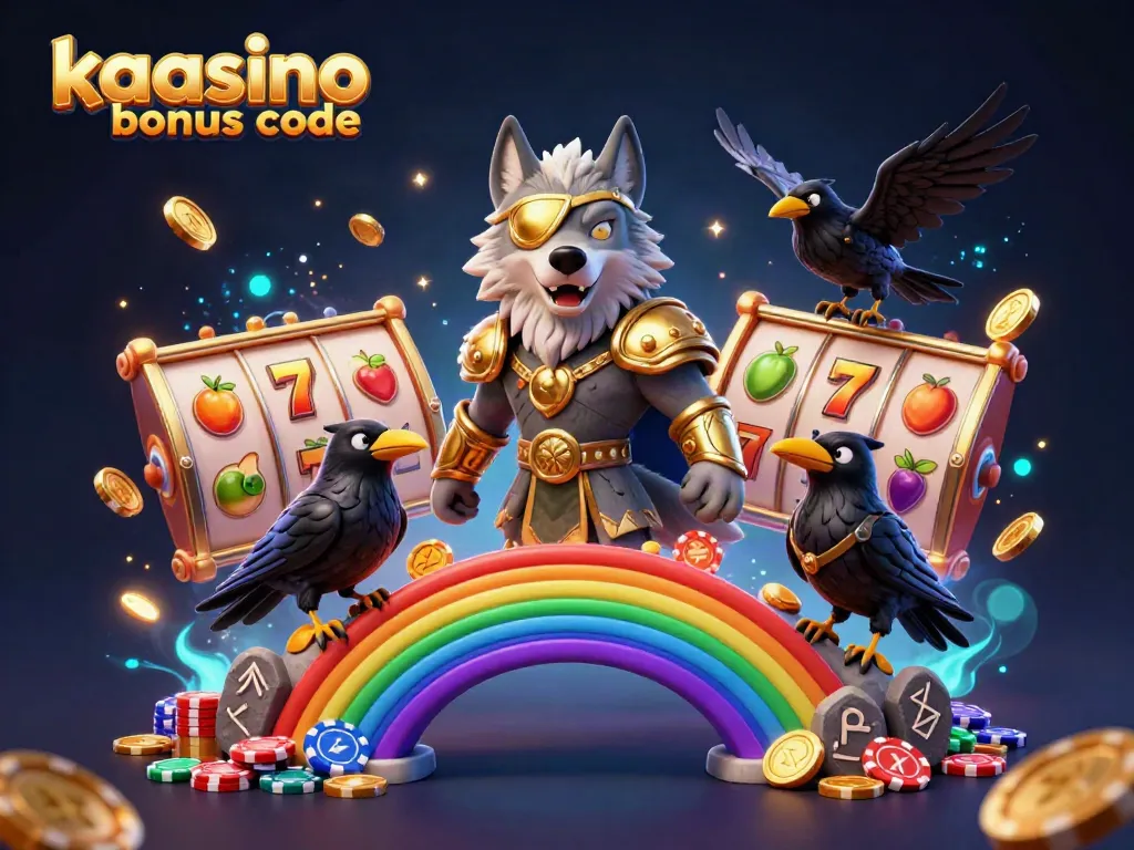 Kaasino bonus code illuminates a vibrant 3D casino world with Odin and his ravens, blending classic gaming elements.
