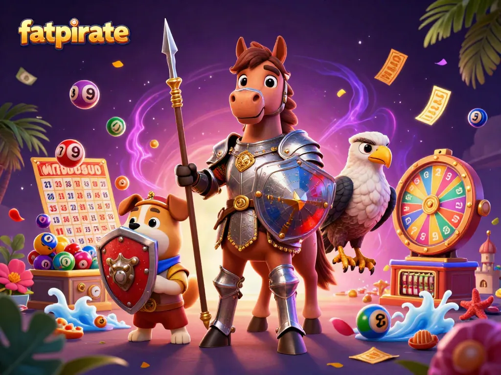 Experience the adventure of fatpirate as the knight, puppy, and falcon celebrate with colorful lottery elements.