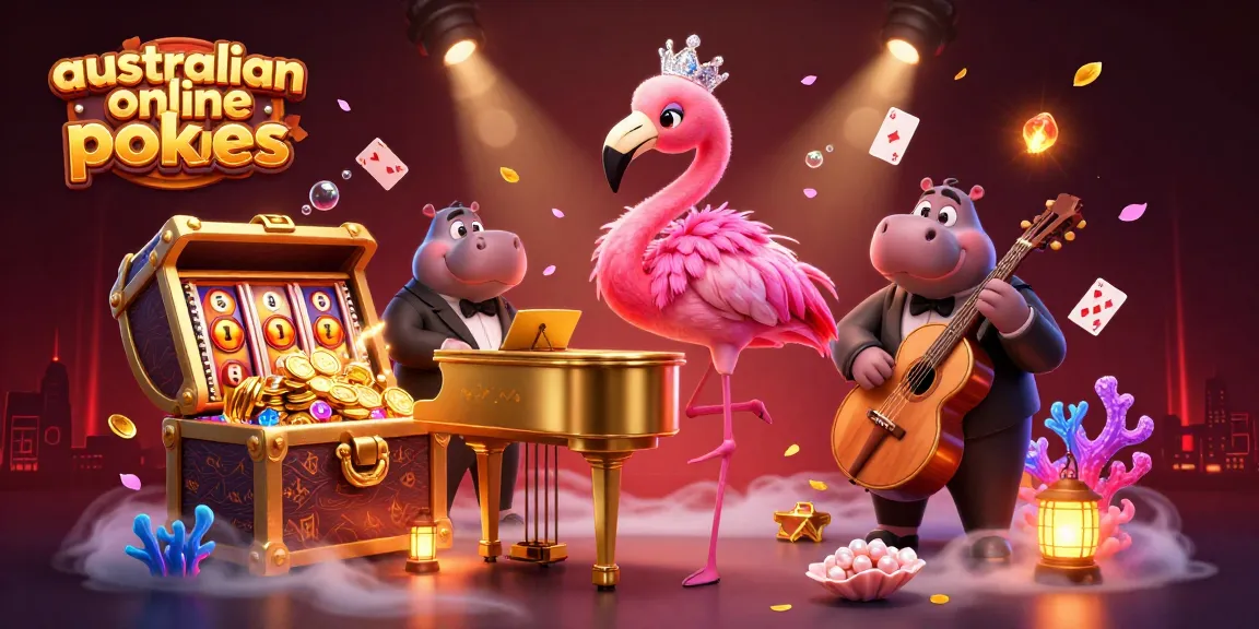 Spin to win with australian online pokies at a vibrant 3D casino scene featuring colorful characters and dynamic elements.