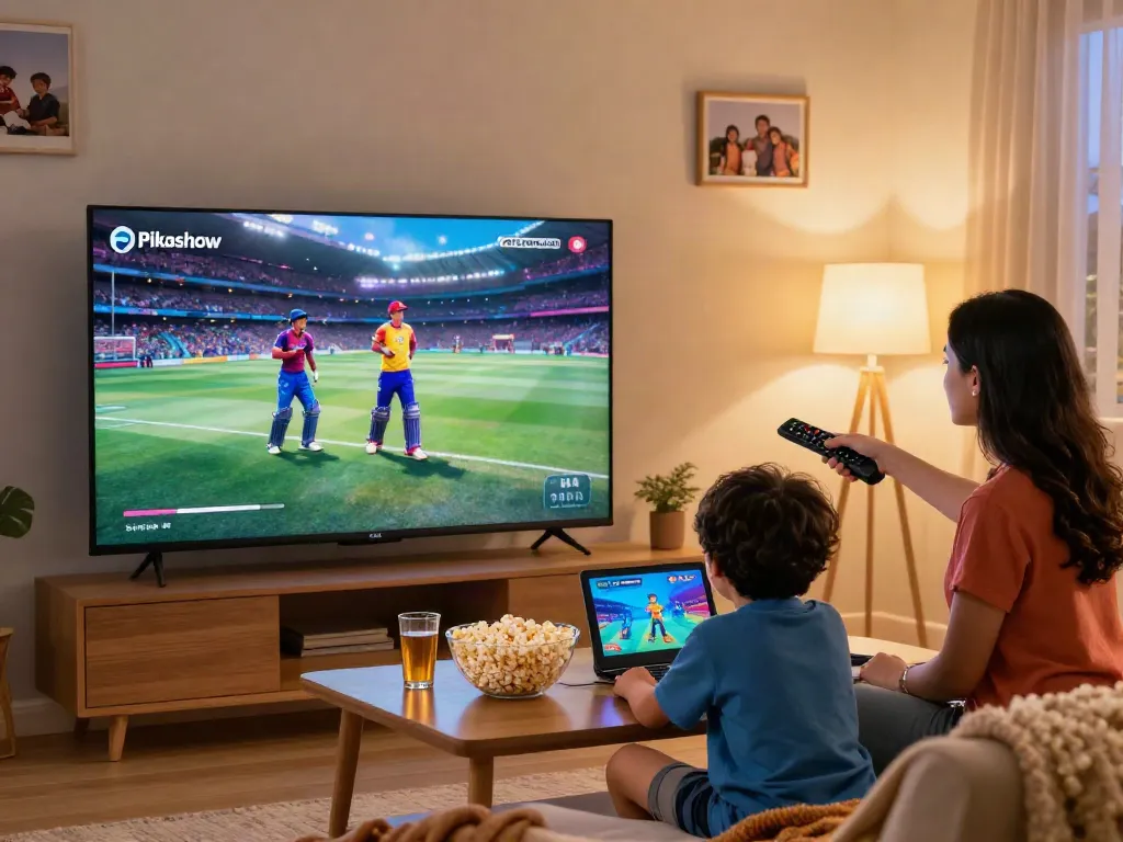 Family enjoying movies and IPL cricket on Pikashow APK in a cozy living room.