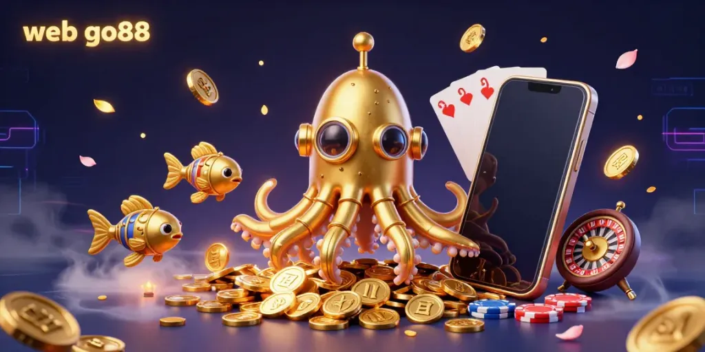 Experience thrilling gaming action with web go88's vibrant 3D scene of a golden kraken and slot games.