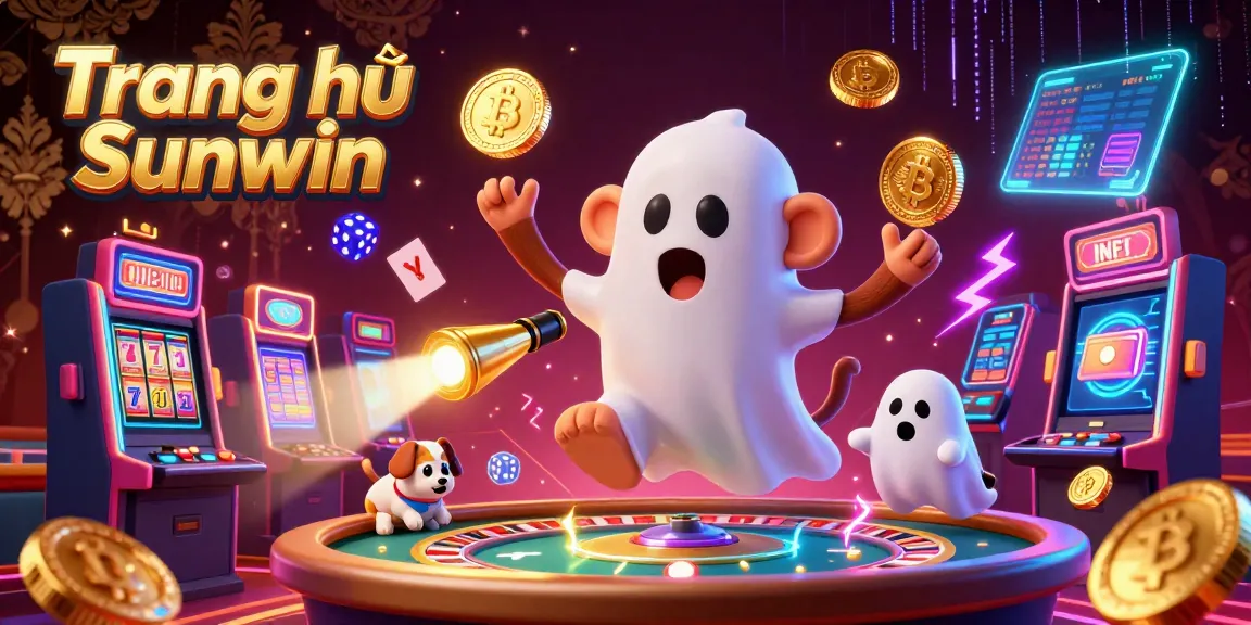 Jam-packed casino scene featuring a mischievous poltergeist monkey juggling in the vibrant Trang chủ Sunwin atmosphere.