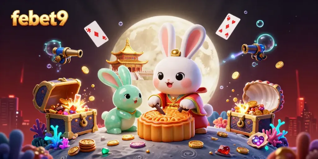 Experience thrilling games with febet9 as a moon rabbit celebrates casino excitement.