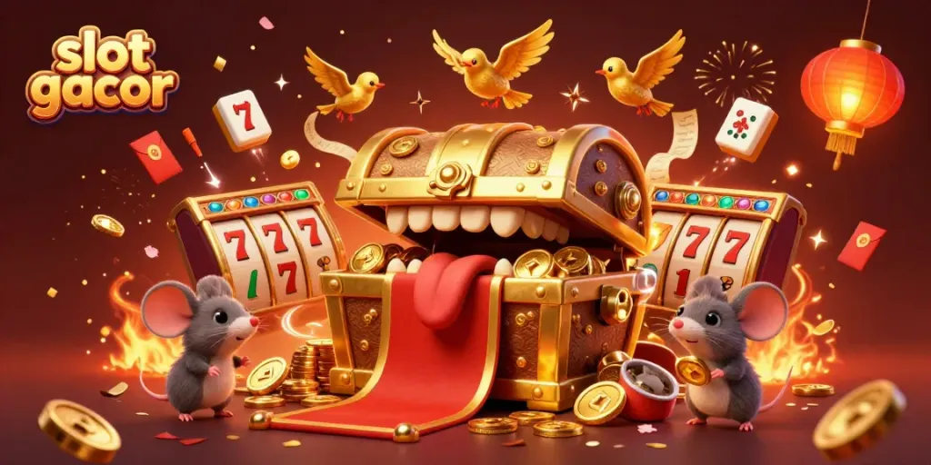 Experience the thrilling slot gacor action with treasure chests, mice, and golden elements in a vibrant casino atmosphere.