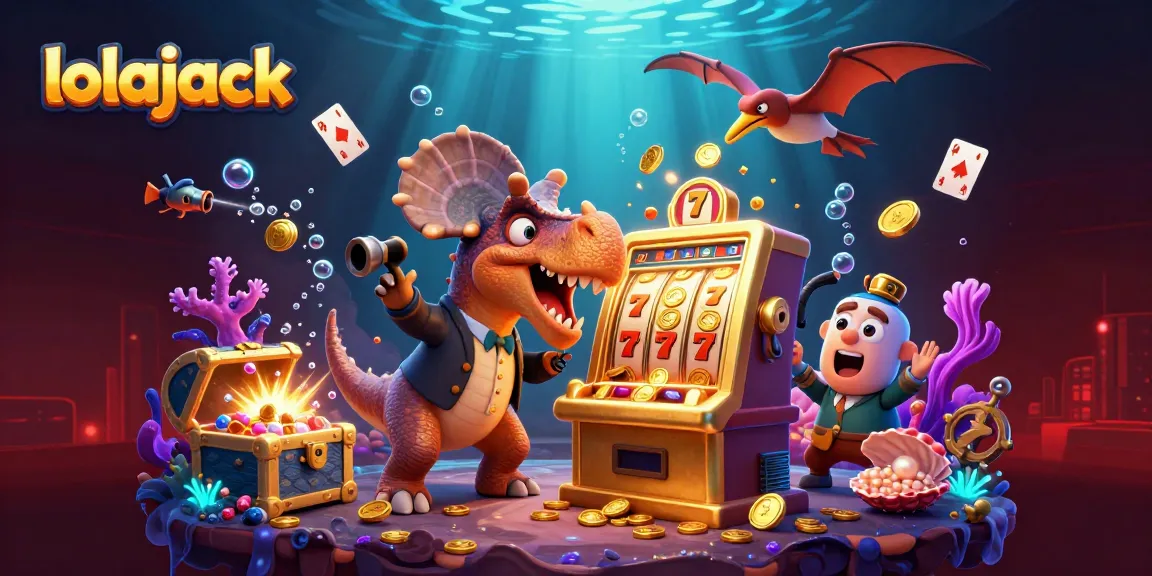 Experience the fun at lolajack Casino as characters interact with games amidst vibrant casino elements.