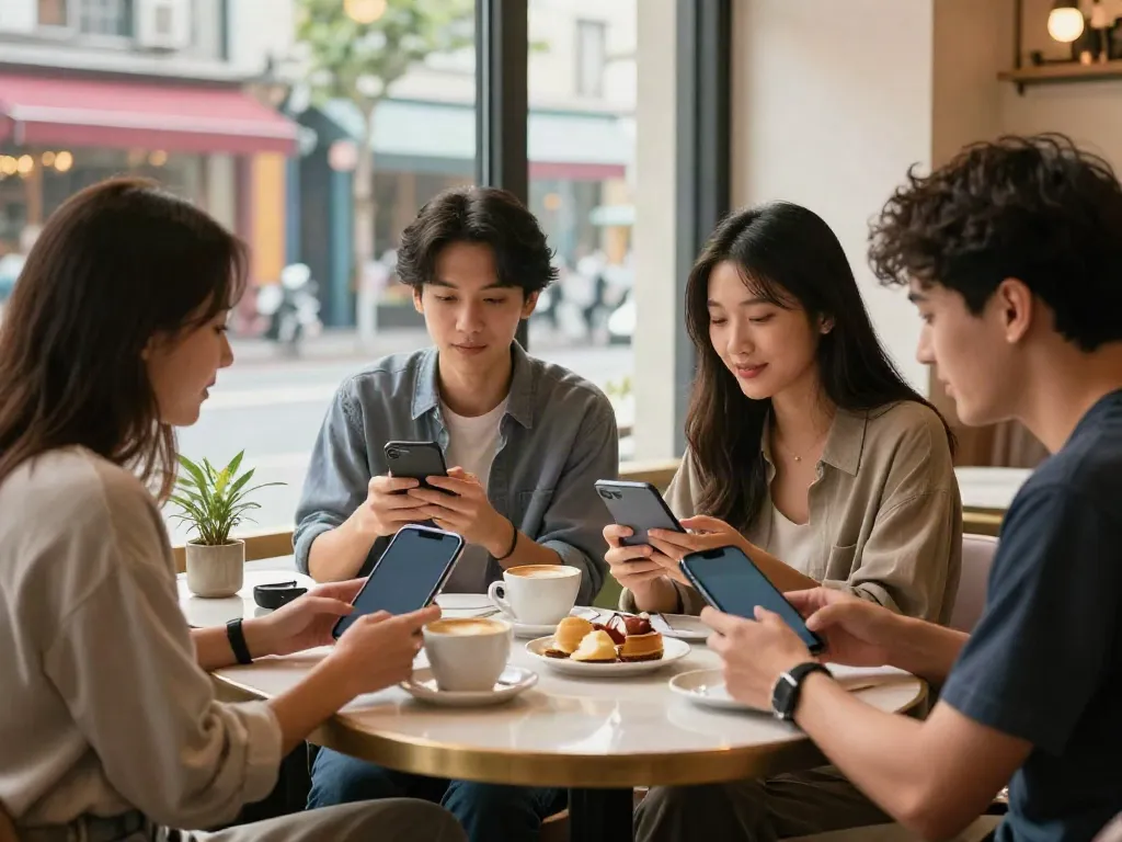 Young adults discussing rokok88 alternatif at a trendy café.