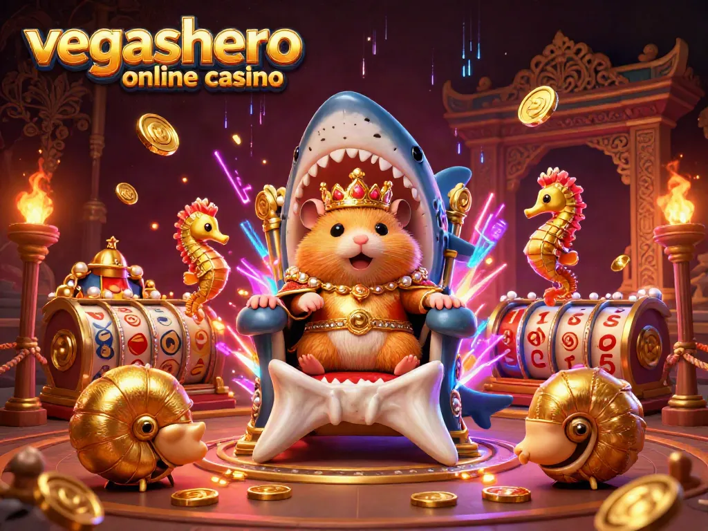 Experience the vibrant action of vegashero online casino with a golden hamster king and gaming elements.