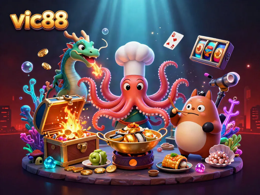 Experience rich casino gameplay with vic88's dynamic characters in a vibrant underwater scene.
