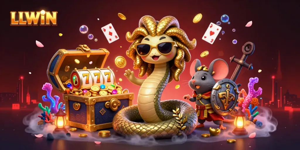 Engage with LLWIN's lively casino scene featuring Medusa, a warrior mouse, and dazzling game elements.