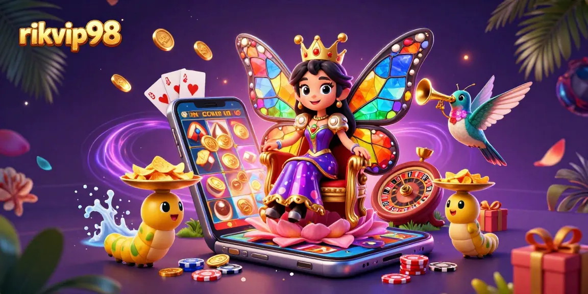 Experience the vibrant world of rikvip98 with a colorful 3D illustration of games, characters, and excitement.