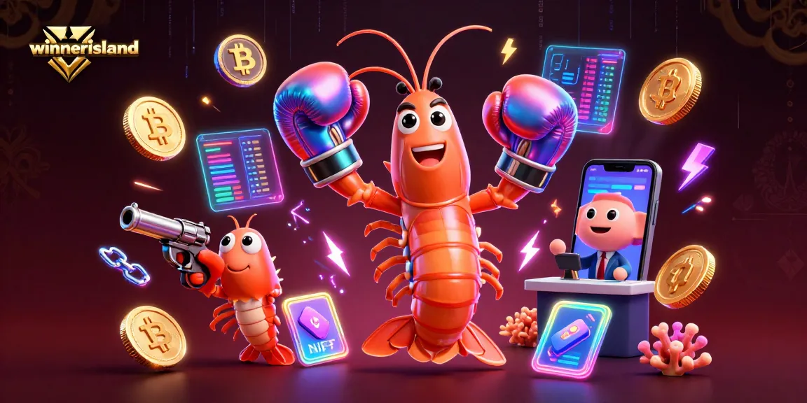 Engage with winnerisland's vibrant digital casino world featuring energetic shrimp characters and crypto elements.