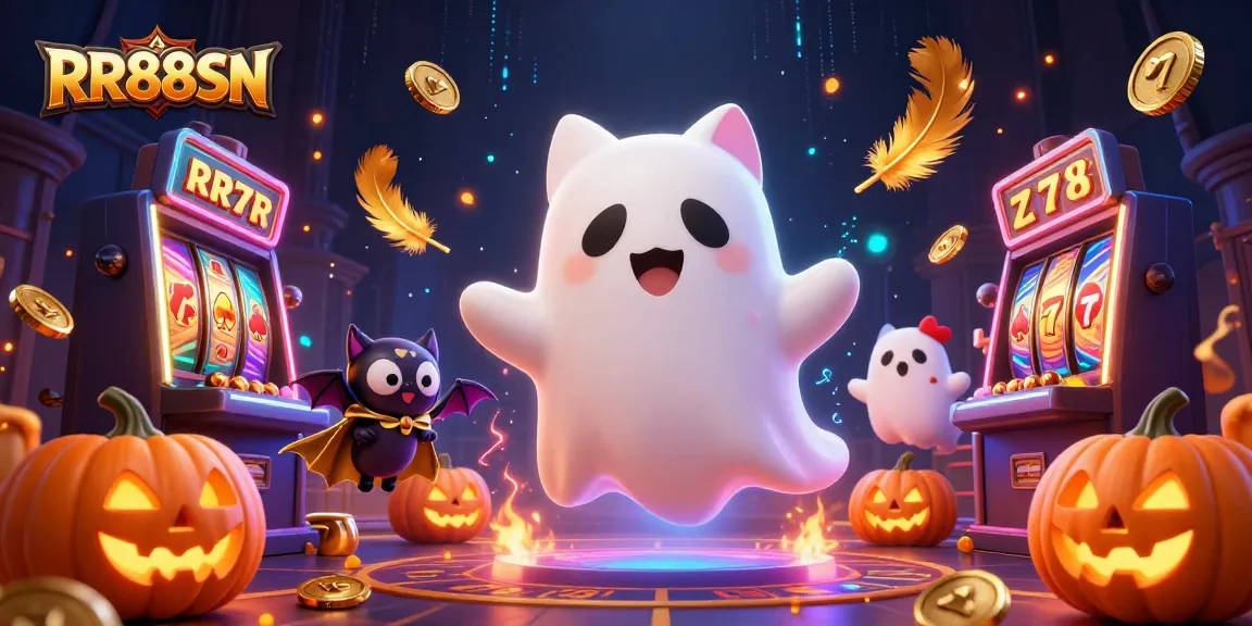 Engage with RR88SN at a lively casino, featuring a ghost cat and bat amidst swirling gold coins.